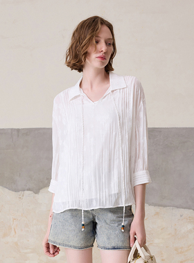 【轻盈透气】MSLAN春季法式蕾丝绣花白色落肩V领抽绳套衫MFBA1503