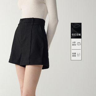 MSLAN仿灯芯绒短裤 子 25秋简约通勤A字高密坑条纹黑色显瘦裤