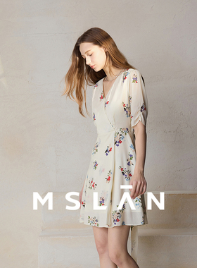 【莫奈油画】MSLAN法式抽褶甜美碎花V领泡泡袖连衣裙MEBA4148