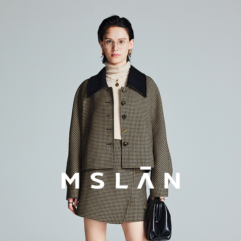 MSLAN奶茶系 小个子撞色翻领千鸟格小香风夹克宽松外套MFDW482