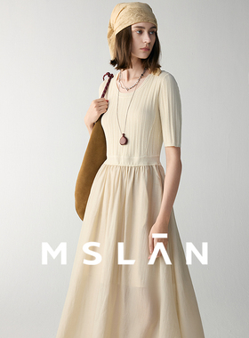 智性通勤/MSLAN 假两件时尚拼接大U领莱赛尔短袖连衣裙MGBT5912