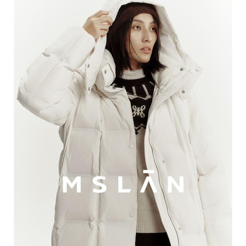 MSLAN冬季复古简约方格压胶中长休闲连帽羽绒服MGDW258