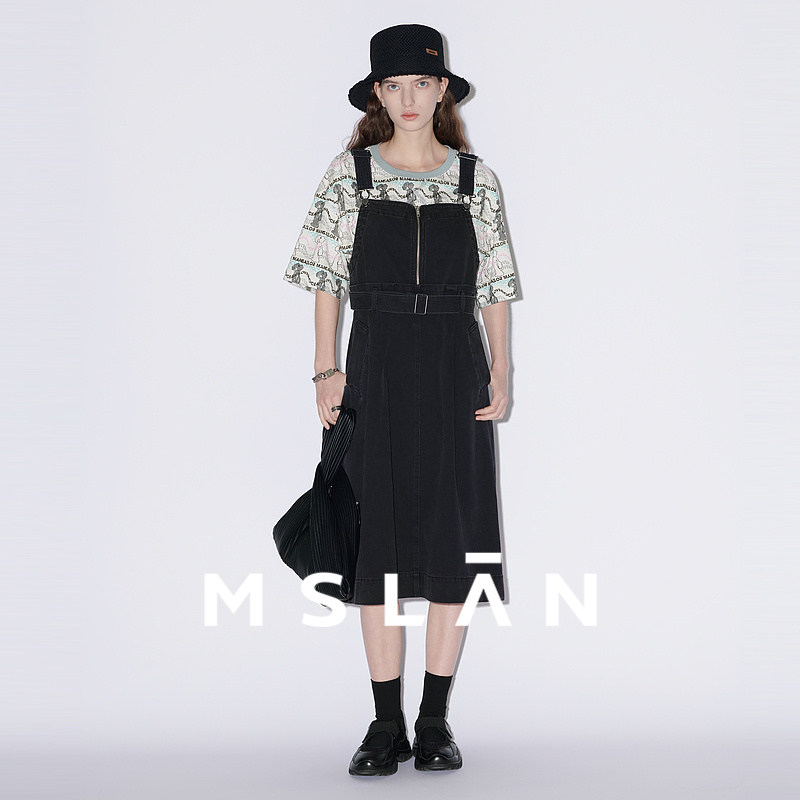【收腰背带裙】MSLAN春夏学院风减龄拉链黑色牛仔连衣裙MFBN5105