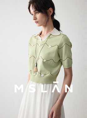 【收腰短款针织衫】MSLAN春夏甜美小个子撞色V领弹力套衫MFBN1302