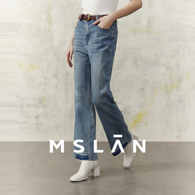 MSLAN高腰蓝色微喇裤毛边牛仔裤