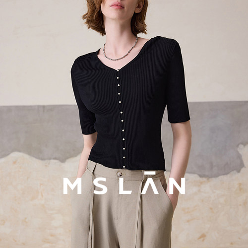 MSLAN春夏珍珠扣弹力V领针织开衫
