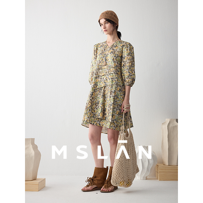 法式浪漫油画印花V领连衣裙MSLAN
