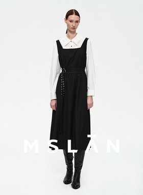【复古小黑裙】MSLAN25早春MIU系高腰背带中长连衣裙MGAT340
