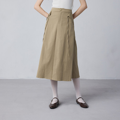 【透气莱赛尔】MSLAN春季卡其色半松紧装饰绑带半裙MFCE8220