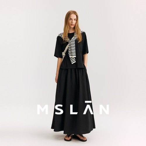 摩登都市/MSLAN解构分割假两件纯色休闲T恤黑色拼接连衣裙女春夏