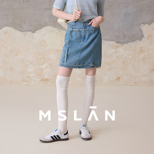 MSLAN云朵牛仔A字双腰带短裙