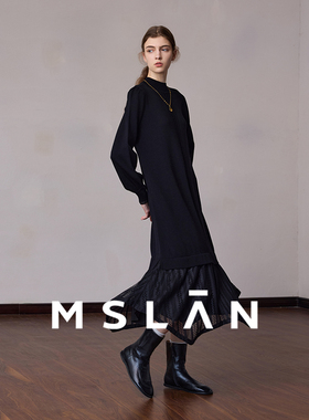 【拼接下摆】MSLAN25秋黑色软糯圆领针织拼网纱长袖连衣裙MFDT437