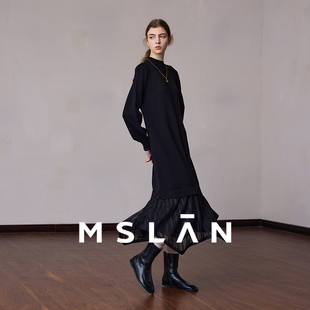 连衣裙MFDT437 MSLAN25秋黑色软糯圆领针织拼网纱长袖 拼接下摆