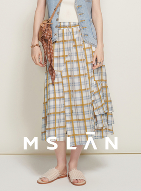 【不规则下摆】MSLAN春夏宽松田园风格纹松紧腰半身裙MEBM8205