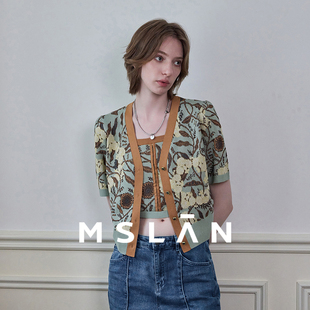MFCE1301 毛织开衫 艺术家插画／MSLAN春季 复古提花撞色小个子短款