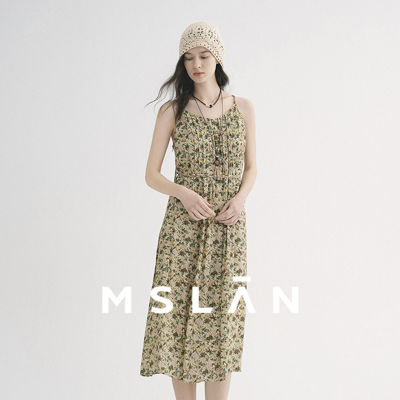 碎花假日/MSLAN26春复古度假风不规则塔克吊带裙连衣裙女MG
