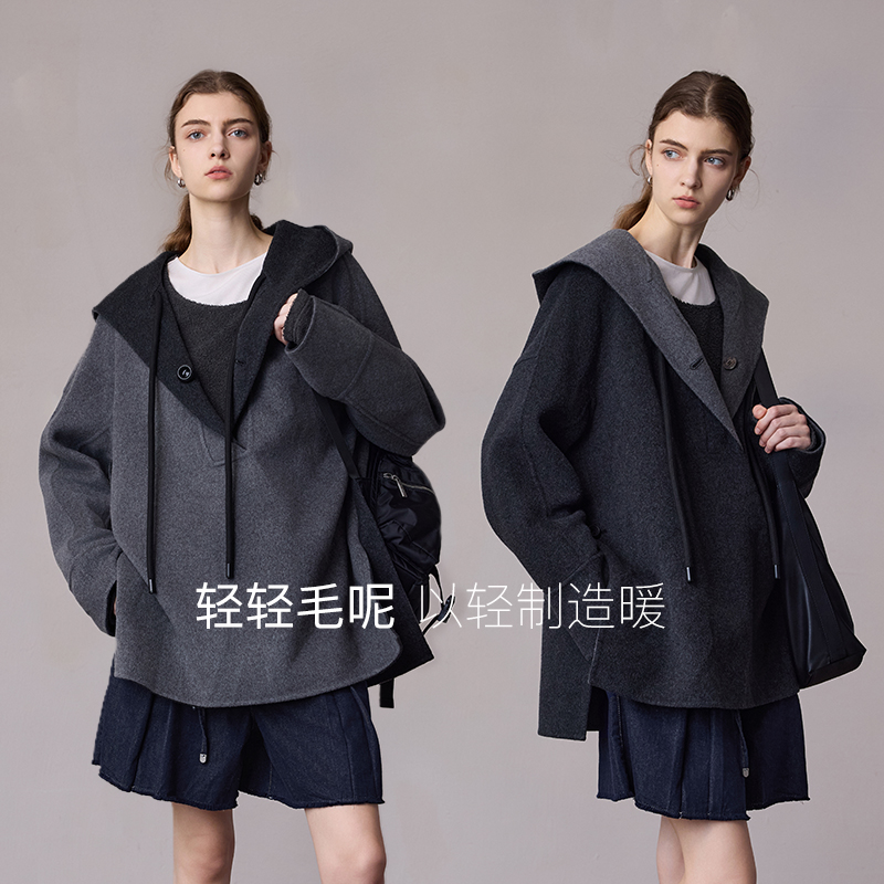 MSLAN100绵羊毛 冬季灰色连帽双面呢外套休闲宽松绵羊毛斗篷大衣