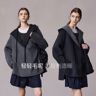 MSLAN100绵羊毛 灰色连帽双面呢外套休闲宽松绵羊毛斗篷大衣 冬季