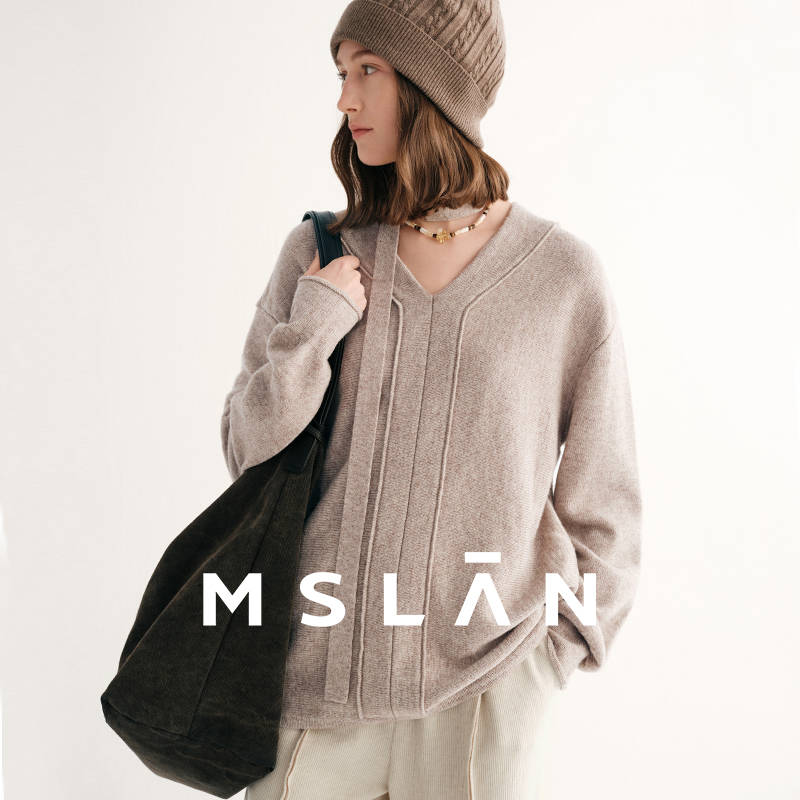 MSLAN燕麦暖棕 25秋冬复古飘带针织衫宽松慵懒风v领毛衣罩衫
