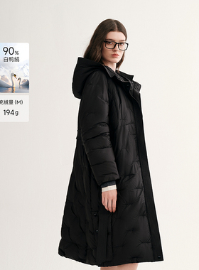 MSLAN重磅90白鸭绒 时尚泡芙羽绒服收腰连帽休闲黑色长款保暖外套