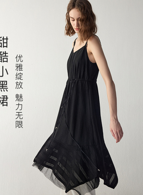 甜酷几何/ MSLAN商场同款早春黑色蕾丝吊带连衣裙MFCE4116