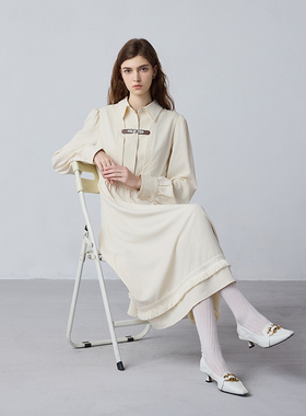 【新中式】MSLAN春季复古盘扣收腰A型衬衫连衣裙MEDV4103