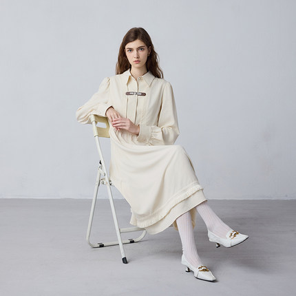 【新中式】MSLAN春季复古盘扣收腰A型衬衫连衣裙MEDV4103