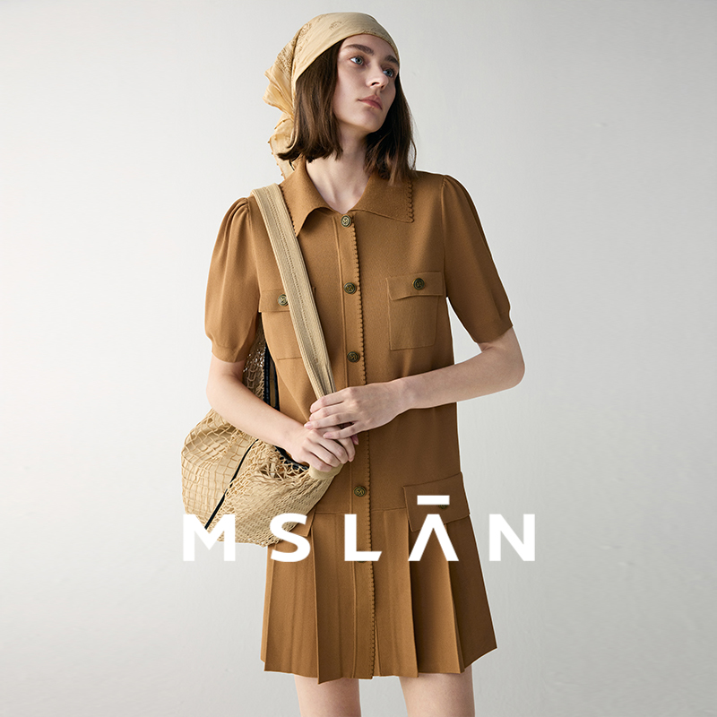 MSLAN夏季翻领短袖针织连衣裙