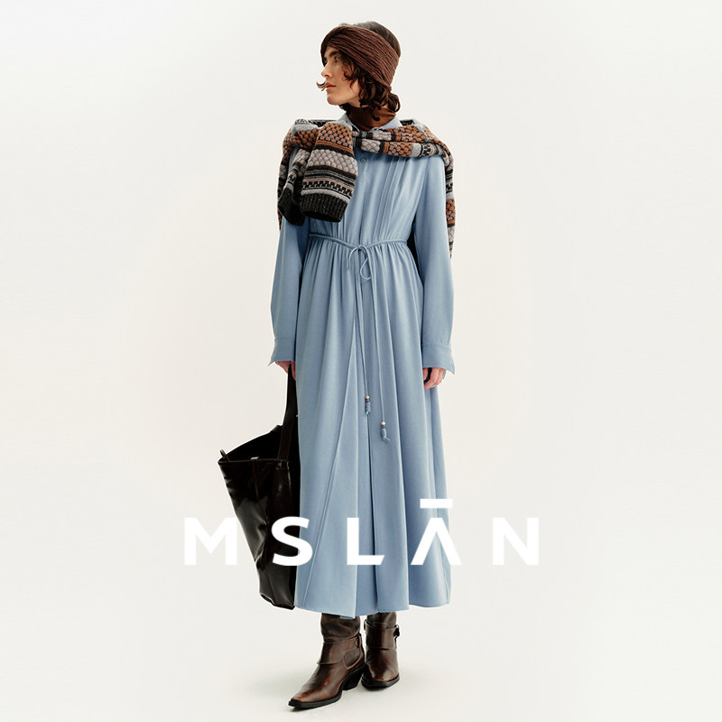MSLAN法式度假 复古塔克立领简约纯色抽绳衬衫裙打底蓝色连衣裙,女装/女士精品,连衣裙,淘宝优惠券,粉丝福利购,淘宝优惠卷