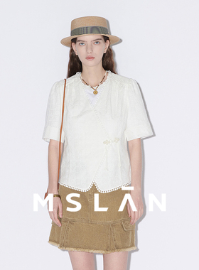 【新中式衬衫】MSLAN春夏气质白色珍珠盘扣蕾丝衬衫女MFBM1405