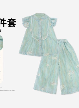 女童夏季重工刺绣套装中大童小飞袖T恤宽松阔腿裤两件套HCB228