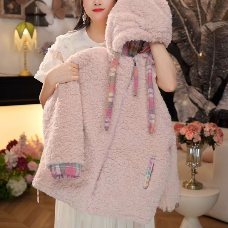 【YC】女童冬季新款加绒加厚保暖毛毛衣连帽格子拼接棉服HCE224