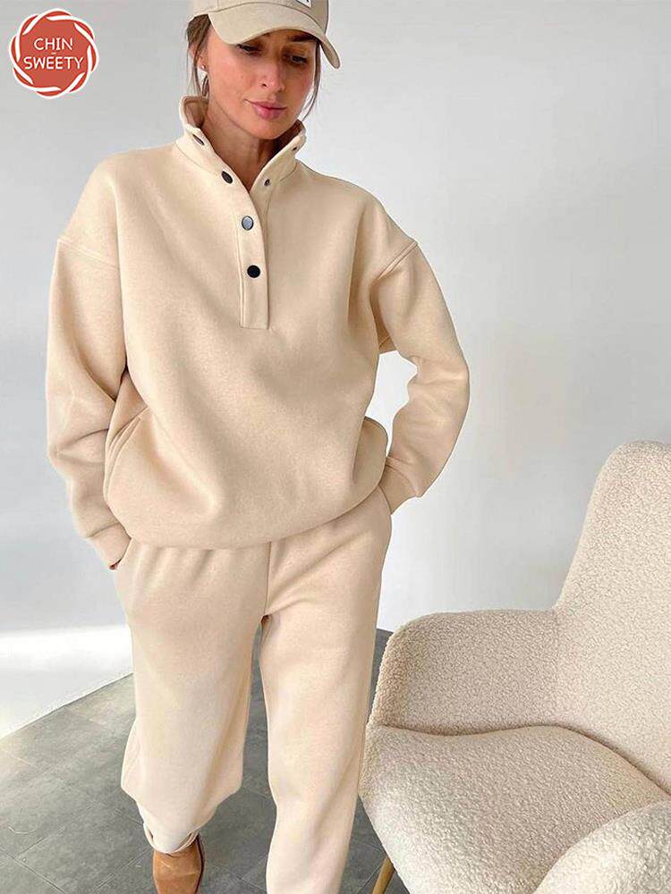 CHIN-SWEETY FLEECE SWEATSHIRT SETS WOMENS CASUAL BUTTONS ST