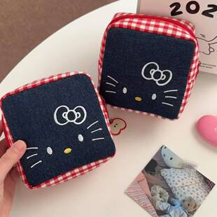 红格牛仔化妆包小型外出便携包可爱卡通出门卫生巾收纳包杂物小包