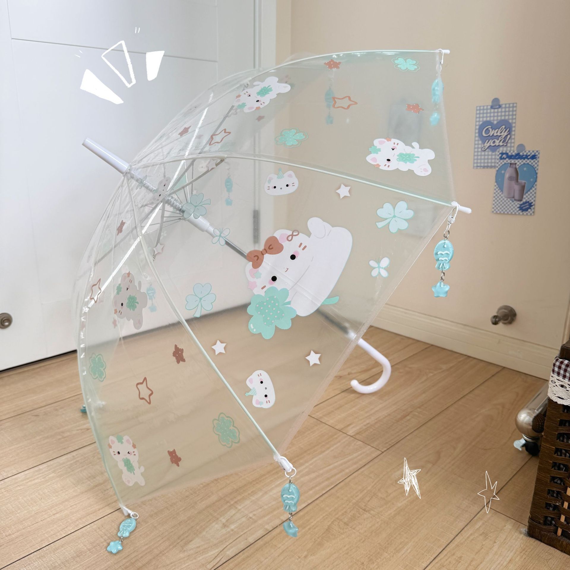 四叶草猫咪透明雨伞网红ins折叠儿童全自动可爱清新加厚长柄学生