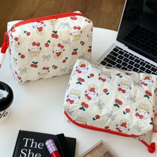 可爱樱桃猫kt化妆包大容量韩系绗缝棉洗漱包便携手拎化妆品收纳包