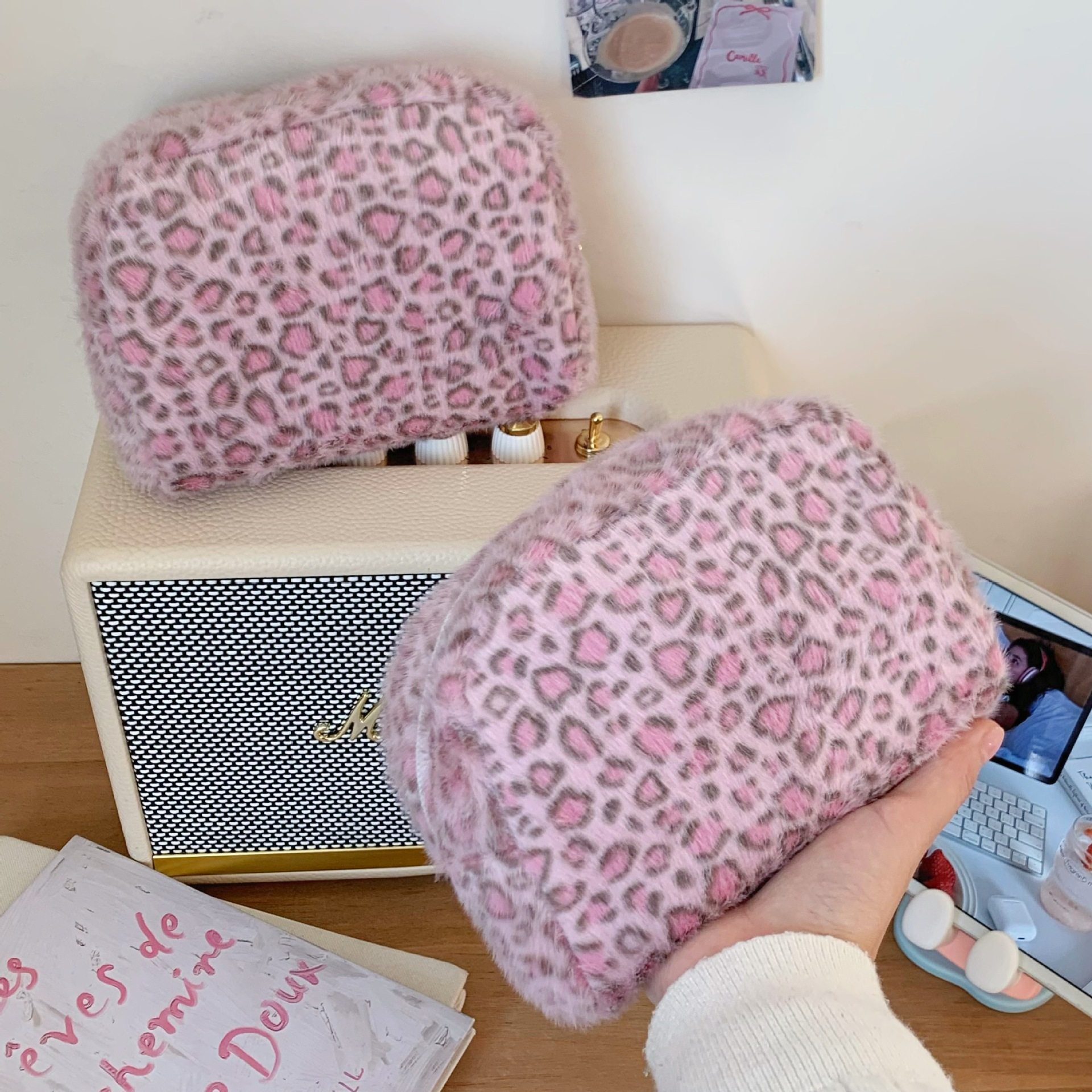 ins粉色豹纹毛绒化妆包女小巧随身便携大容量高颜值化妆品收纳包,收纳整理,化妆包,淘宝优惠券,粉丝福利购,淘宝优惠卷