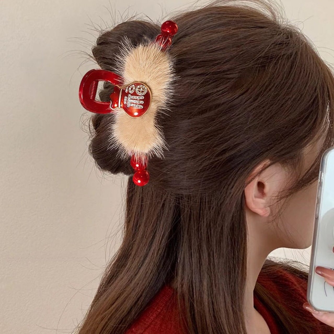 新年红色毛绒珍珠抓夹女高级感后脑勺发夹创意福袋盘发鲨鱼夹发饰,饰品/流行首饰/时尚饰品新,发饰,淘宝优惠券,粉丝福利购,淘宝优惠卷
