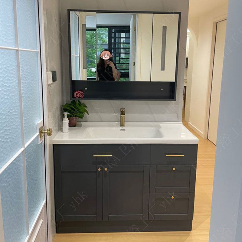 落地中古风浴室柜组合岩板陶瓷盆卫生间洗漱洗手台洗脸盆池卫浴柜