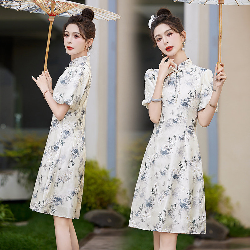 吾爱衣2407款碎花连衣裙女新中式改良旗袍洋气遮肉裙子