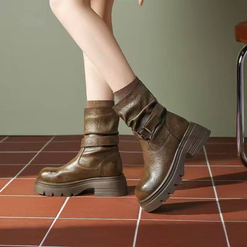 棕色复古厚底马丁靴女款2025新款英伦风秋冬季爆款增高美拉德靴子