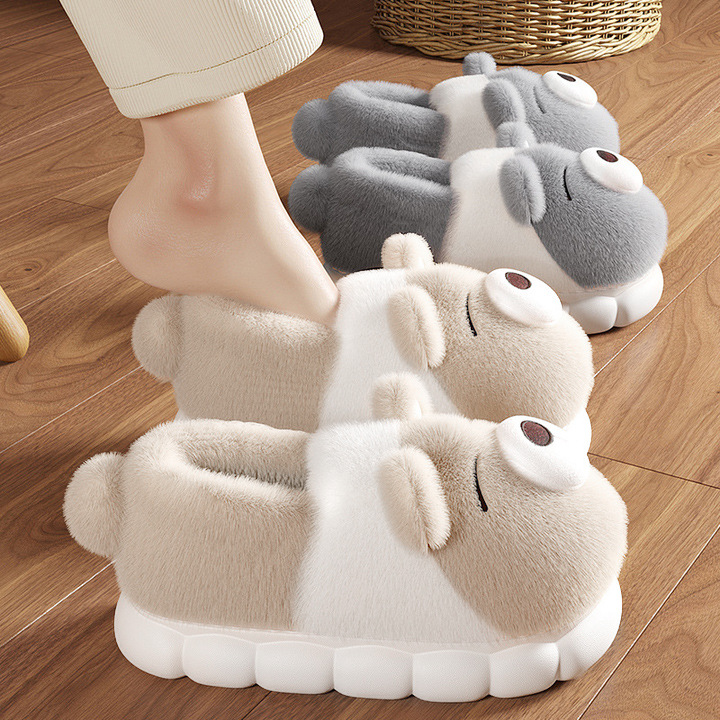 可爱小熊棉拖鞋女秋冬季卡通全包跟外穿厚底保暖情侣外穿棉鞋四季