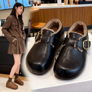 厚底内增高加绒勃肯鞋皮面毛毛棉鞋女鞋2025新款冬季雪地靴小皮鞋