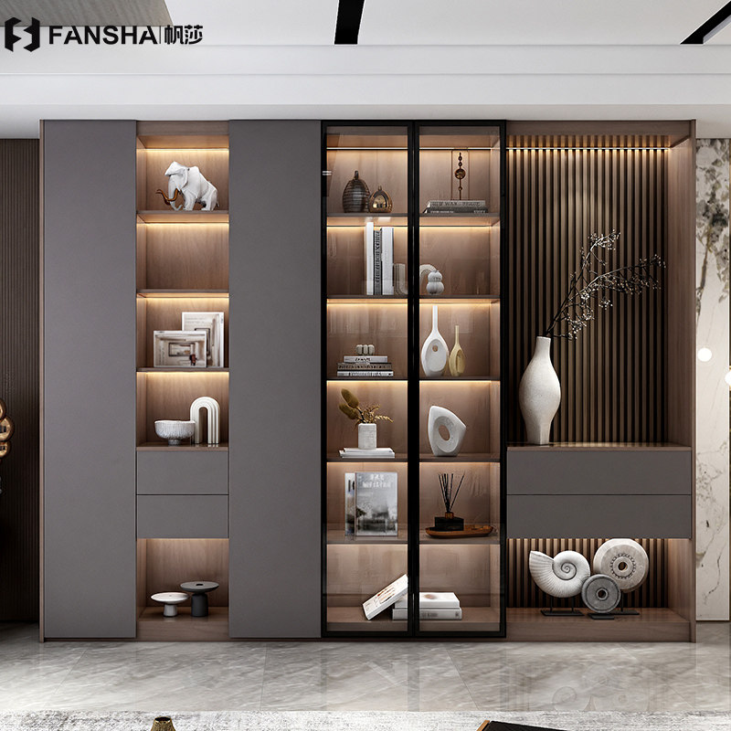 北欧实木带玻璃门书柜轻奢风书架简约现代落地办公室书房客厅书橱
