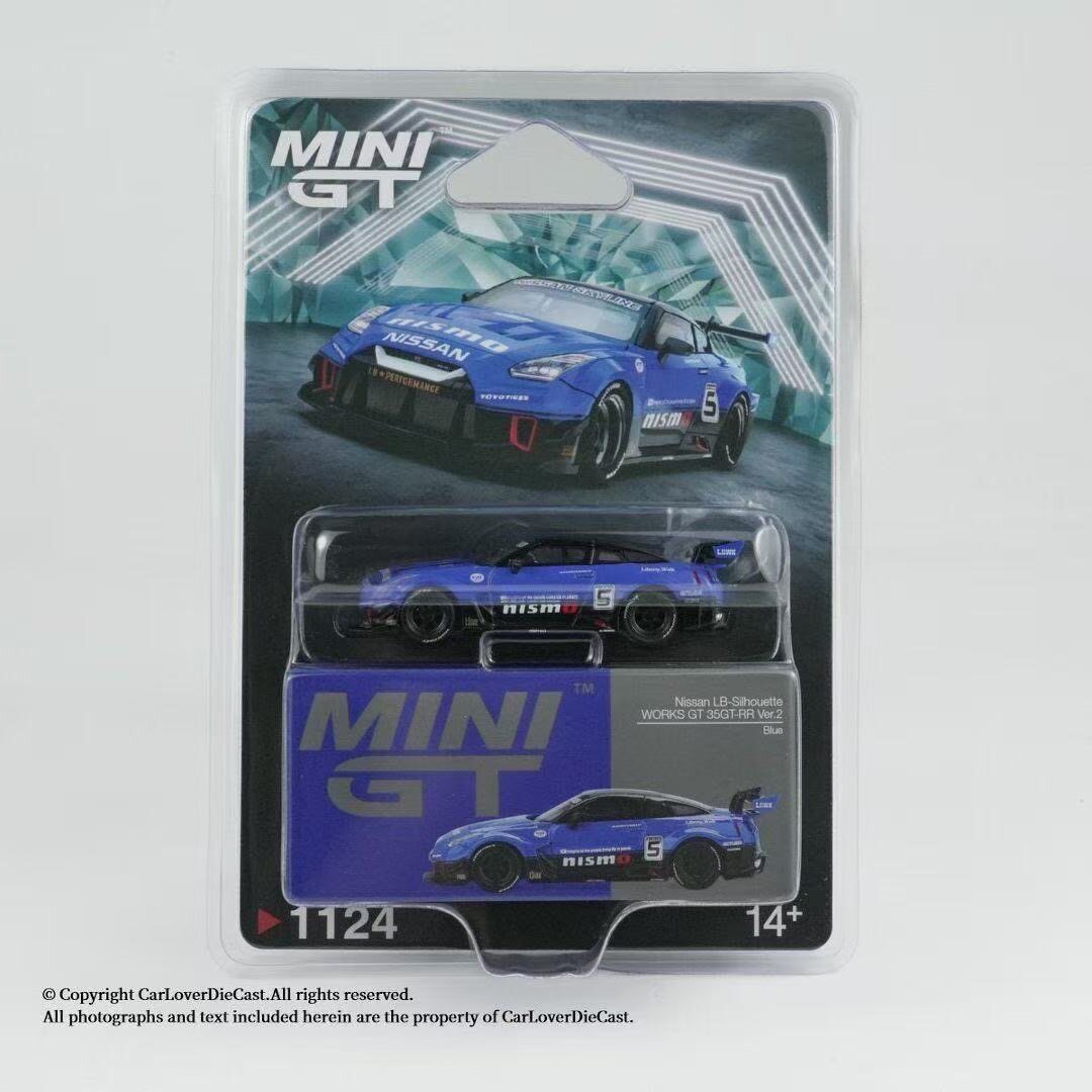 MINIGT1124挂卡尼桑35GT-RRLBWK宽体改装版蓝黑64合金汽车模型