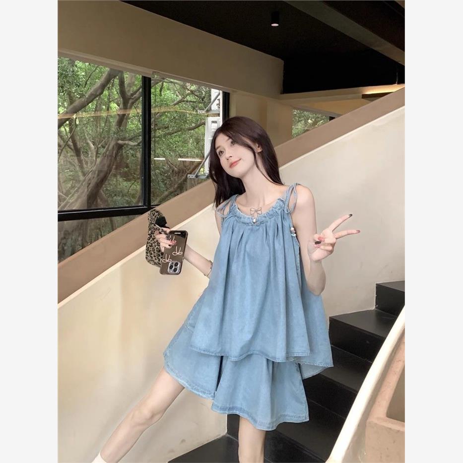 复古套装女小众绑带吊带背心上衣夏季高腰牛仔阔腿短裤子两件套潮