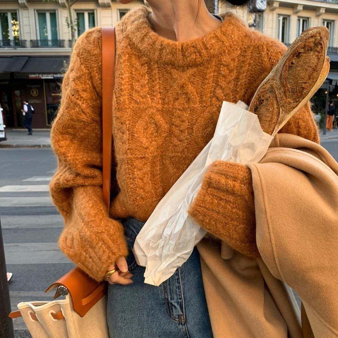 落日橘！秋冬高级感日系复古宽松慵懒风圆领粗毛线外穿麻花毛衣女