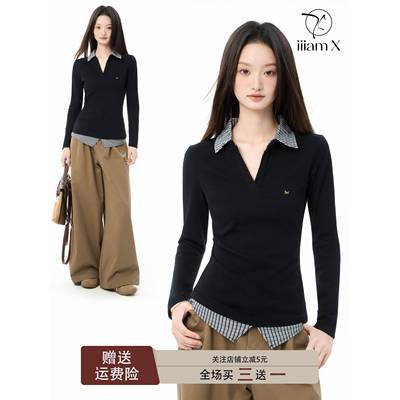 iiiamX黑色v领polo衫长袖正肩t恤女秋季2025新款设计感假两件上衣