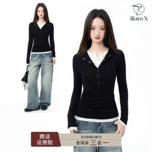 iiiamX黑色V领假两件长袖T恤女秋2025新款修身紧身内搭打底衫上衣