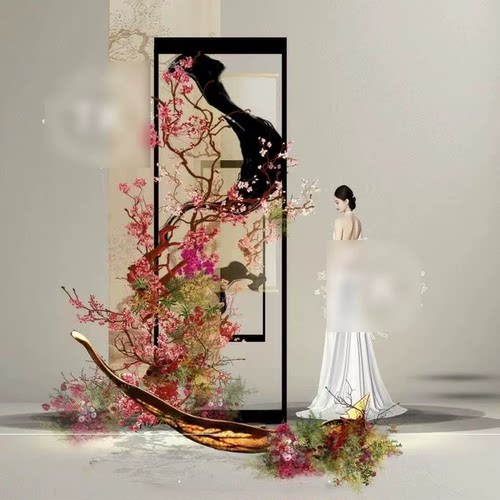 红绿色新中式婚礼效果图红色花艺素材造景迎宾区婚庆设计素材ps